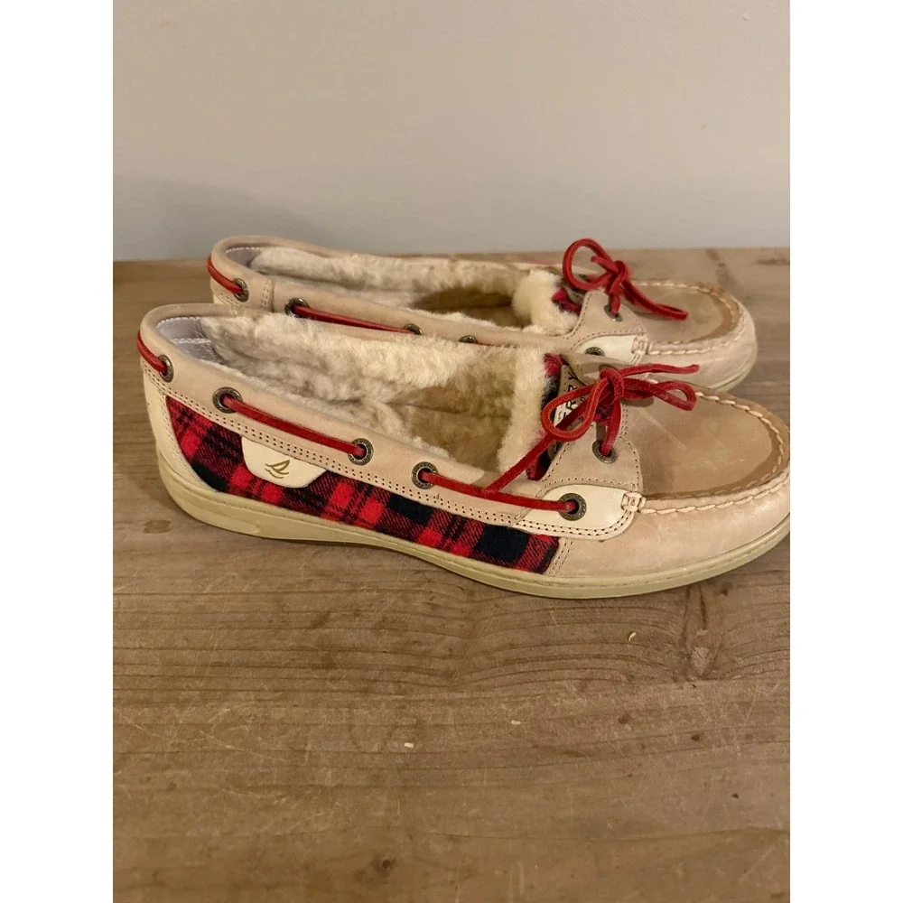 Sperry‎ Top-Sider Womens Boat Shoes Tan Leather Buffalo Plaid Faux Fur Lined 9